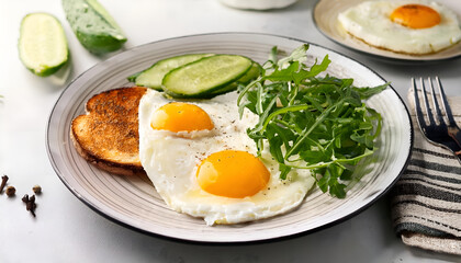 A healthy breakfast plate featuring sunny-side up eggs paired with toasted bread, fresh cucumber slices, and arugula. Perfect for a nutritious morning start or brunch setting.