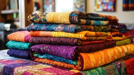 Poster - A variety of colorful quilts are neatly piled on a table creating an inviting display with ample space for text