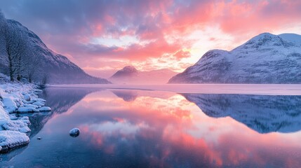 Poster - A breathtaking panoramic sunrise capture showcasing a vibrant winter landscape with mountains and reflections on the water