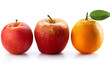 © Konstantin Sigaev - Close-up of two apples and one orange arranged side by side against a white background, emphasizing freshness and vibrant colors of the fruits.
