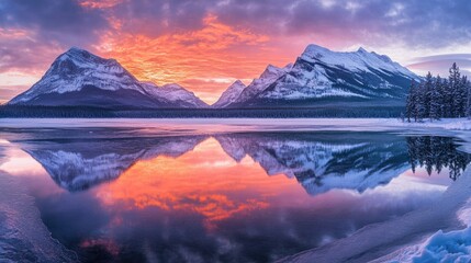 Poster - A breathtaking panoramic sunrise capture showcasing a vibrant winter landscape with mountains and reflections on the water