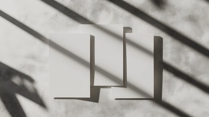 Poster - Close up of three blank white rectangular poster or card mockups arranged diagonally casting soft shadows on a neutral light grey textured backdrop Flat lay top view Open composition