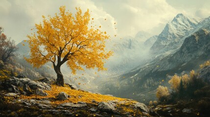 Poster - Golden leaves on a tree in a mountainous landscape