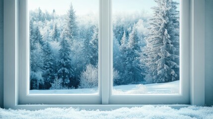 Poster - Frozen window with a white wooden frame showcasing a forest view ideal for a Christmas card mockup