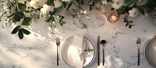 Poster - Top view of a chic table setting with cutlery plates napkin and floral arrangements providing ample space for text alongside