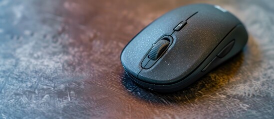 Poster - top down view of a wireless mouse and mousepad on a lightly textured table providing a clear area fo