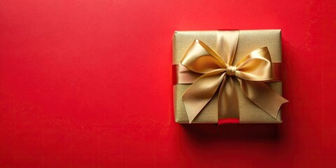 Gift box with golden satin ribbon and bow on red background