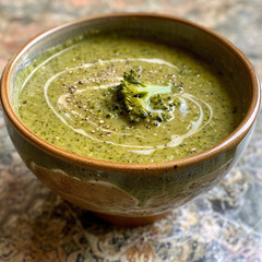 A bowl of creamy broccoli soup, garnished with a floret of broccoli and a swirl of cream, sits on a patterned table cloth
