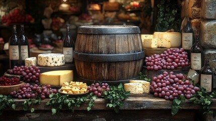 A rustic wooden barrel used as a unique display for artisan cheeses at a gourmet market, photorealistic