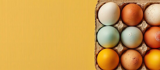 Wall Mural - Top view of multi colored eggs from a natural farm in a cardboard package against a yellow background with space for adding text or images. Copy space image. Place for adding text and design