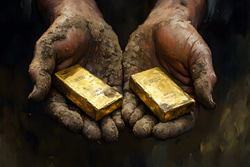 The muddy and dirty hands of a gold digger found a gold bar in a gold mine.