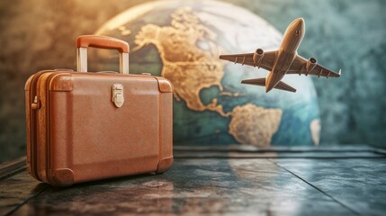 Poster - 3D illustration of a suitcase and airplane flying around a globe, representing travel dreams and global wanderlust.