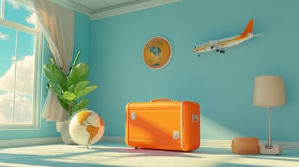 Poster - 3D rendering of a holiday scene with a suitcase, globe, and airplane on a light background, evoking travel excitement.