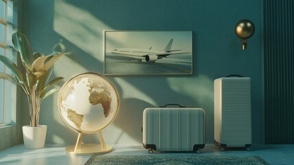 Poster - 3D rendering of an airplane, suitcase, and globe in a light holiday theme, inspiring travel and adventure dreams.