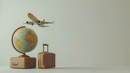 Poster - 3D travel concept with a globe, suitcase, and airplane on a light background, designed for vacation and holiday themes.