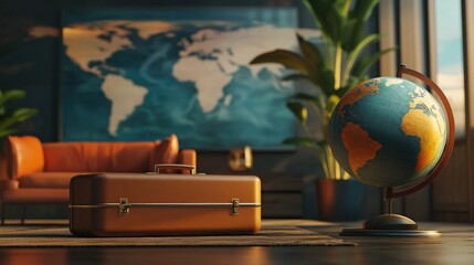 Poster - Airplane, suitcase, and globe in a clean 3D scene, perfect for visualizing holiday travel and international exploration.
