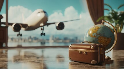 Poster - Airplane, suitcase, and globe in a clean 3D scene, perfect for visualizing holiday travel and international exploration.