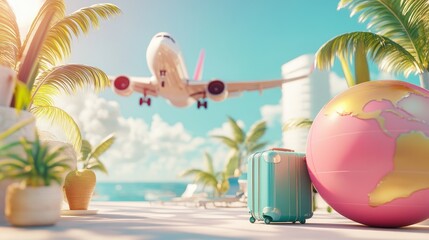 Poster - Conceptual 3D travel scene with a globe, suitcase, and airplane on a bright, airy background, evoking vacation excitement.