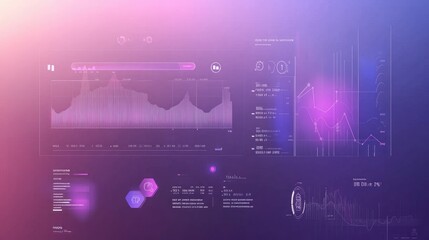 Poster - Data analytics interface with charts, icons, timeline over a blurred gradient, perfect for business or tech website banner