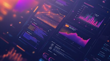 Poster - Data analytics interface with charts, icons, timeline over a blurred gradient, perfect for business or tech website banner