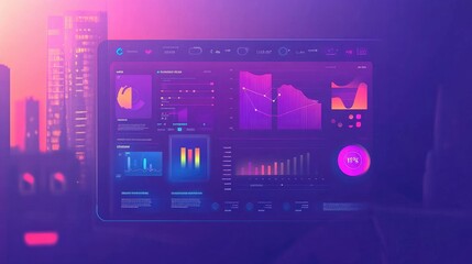 Poster - Data analytics interface with charts, icons, timeline over a blurred gradient, perfect for business or tech website banner