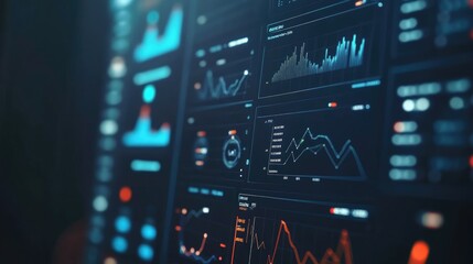Poster - Detailed interface with data visualization icons, charts, and timeline on a softly blurred background, sleek analytics look