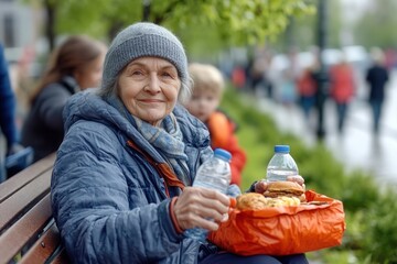 An elderly woman sits comfortably on a park bench, smiling while holding two water bottles and a bag containing snacks. Soft rain falls, creating a tranquil atmosphere. People can be seen walking in t