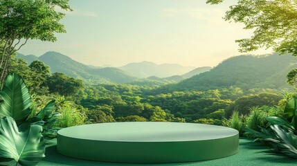 Elegant green podium with landscape backdrop, aerial view of nature, perfect for eco-themed displays, scenic.