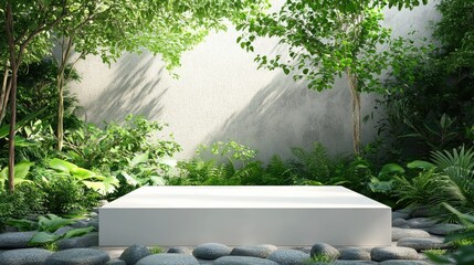 Elegant white podium against lush greenery and green stones, ideal for sleek product presentations in natural ambiance.