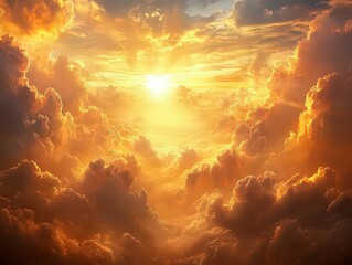 Wall Mural - beautiful golden sunlight breaking through clouds, symbolizing hope, spirituality, and the majesty o
