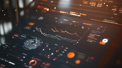 Poster - Interface with graphs, interactive timeline, and icons, blurred backdrop, digital analytics concept with modern style