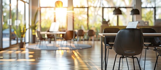 Contemporary office setting without individuals featuring blurred background with bokeh effect includes furniture like tables chairs and computers ideal for copy space image