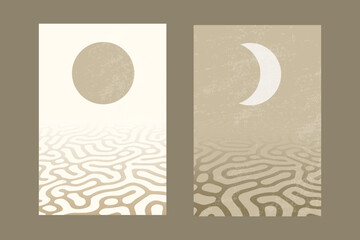 Poster - Abstract minimalist wall art diptych. Minimalist day and night, sun and moon poster. Pastel color geometric shapes, circles design.