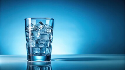 Glass cup with ice and water on blue background