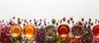 © Ilgun - Aerial shot of various loose leaf teas and tea drinks in the lower half of the frame featuring copy space image