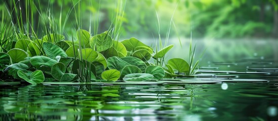 Wall Mural - Aquatic plants emerging above the lake water creating a scenic view with abundant greenery and serene surroundings ideal for a copy space image