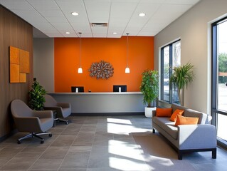 Orange accent walls paired with neutral gray seating and simple decor in a clean, modern receptionist space