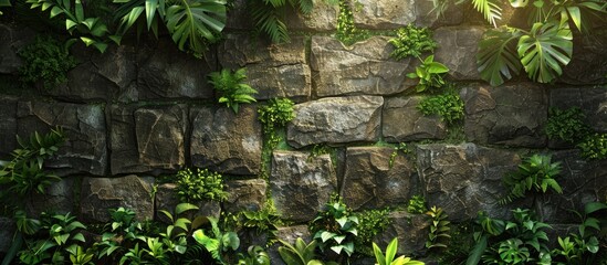 Wall Mural - An ancient stone wall adorned with lush green plants featuring a rustic appearance with a tranquil copy space image