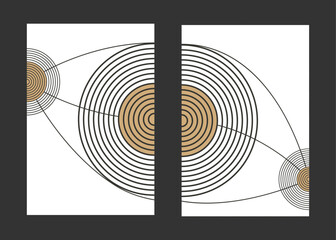 Poster - Abstract minimalist wall art diptych. Minimalist circles connected by curves poster. Abstract planets. Pastel color geometric shapes, circles design.