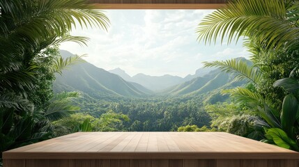 Poster - Simple wooden stage framed by tropical leaves and mountains, ideal for product displays in a nature-inspired setup.