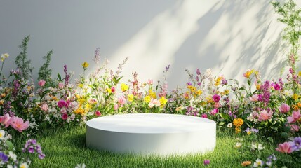 Poster - White podium surrounded by green grass and colorful spring flowers, perfect for a nature-themed display, vibrant setup.