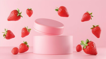 Wall Mural - Strawberry delight cosmetic product display podium with flying strawberries, 3D render   -