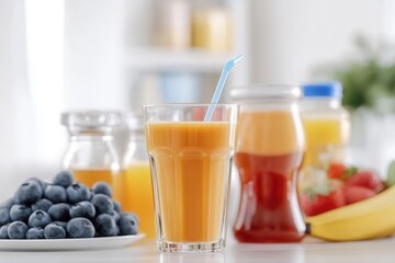 A vibrant fruit smoothie made with fresh ingredients is served in a clear glass with a straw. Surrounding it are blueberries and a selection of colorful beverages, creating a cheerful morning atmosphe