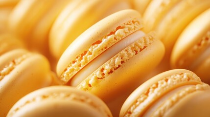Poster - A collection of orange macaron pastries crafted from whipped egg whites creating a visually appealing background Focused highlights enhance the image