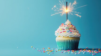 Aufkleber - Birthday cupcake adorned with festive sparkler and colorful sprinkles set against a vibrant blue background Designed using innovative techniques