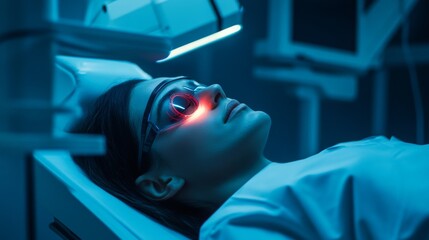 Poster - A woman lies on a treatment table, wearing protective goggles as she receives laser eye treatment. The clinical setting is illuminated with cool blue lighting, creating a calm atmosphere.