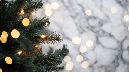 Poster - Christmas tree branches with bokeh blurred fairy lights set against a marble background