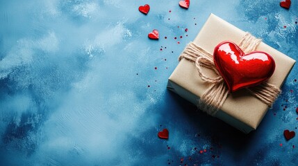 Valentine s card or banner featuring a gift box and a red heart on a blue backdrop Flat lay composition