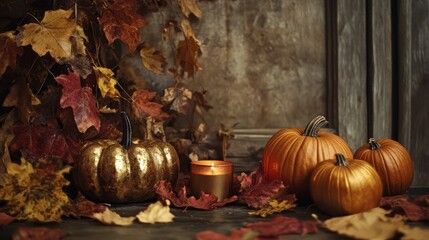 Aufkleber - Autumn themed backdrop featuring an arrangement of leaves golden pumpkins and a candle
