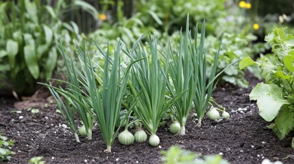 Poster - Onion plants growing in a garden setting